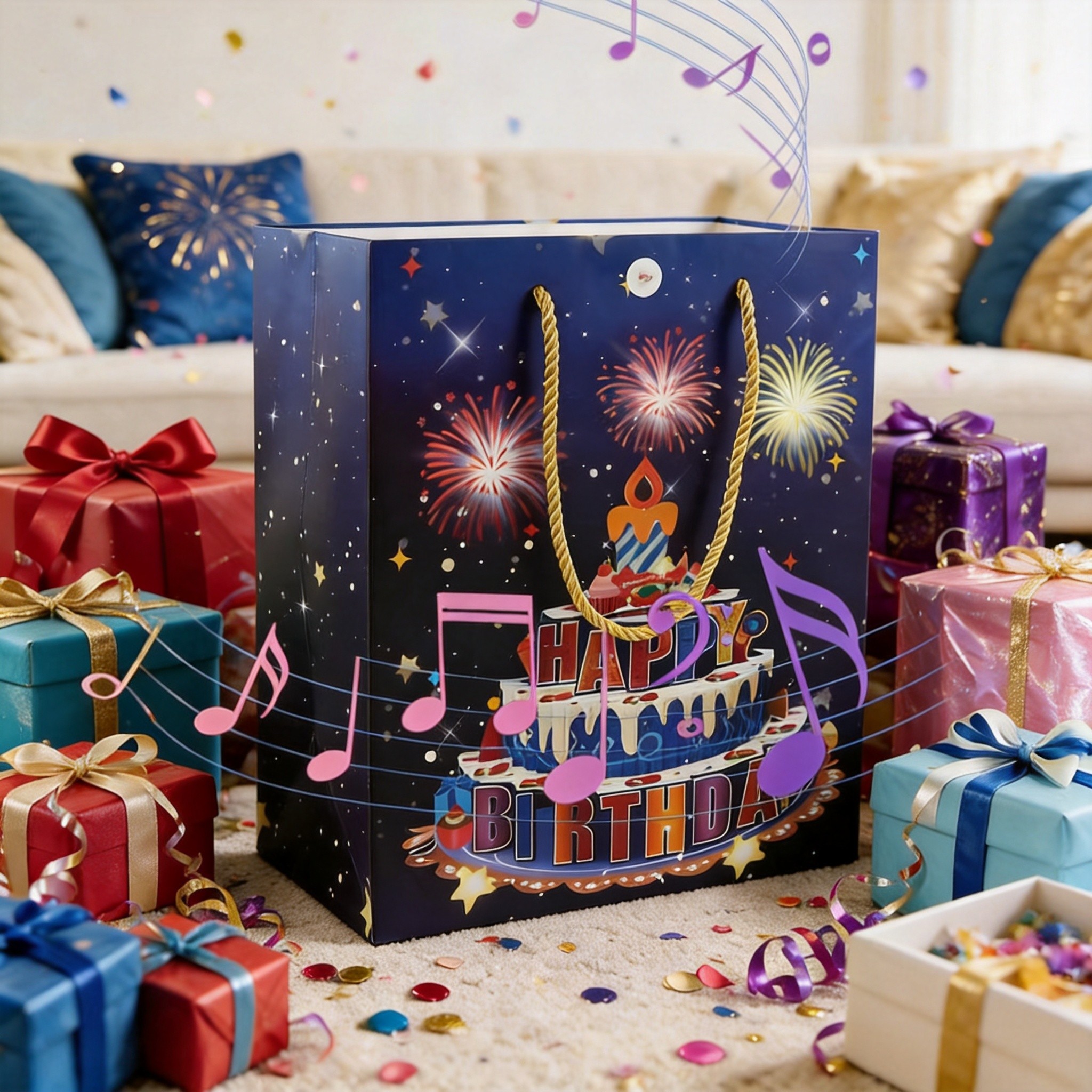 POPGIFTEE colorful 3D Happy Birthday musical light-up gift bag